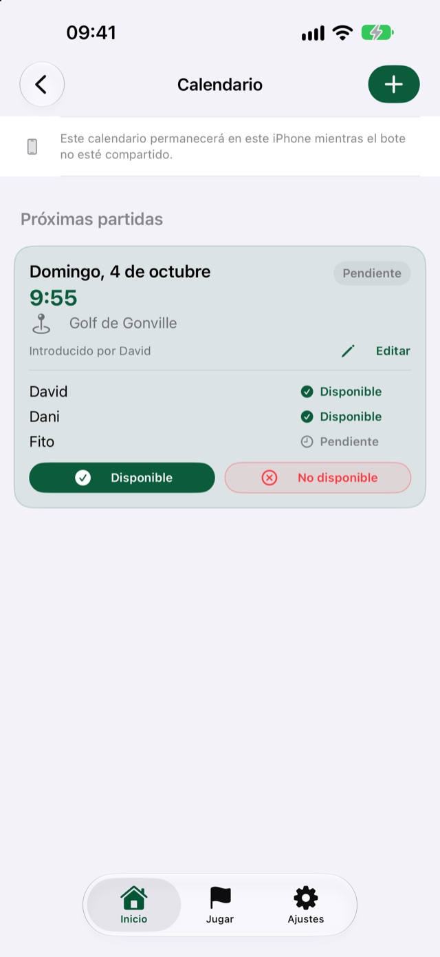 Calendario del bote con la disponibilidad de cada jugador